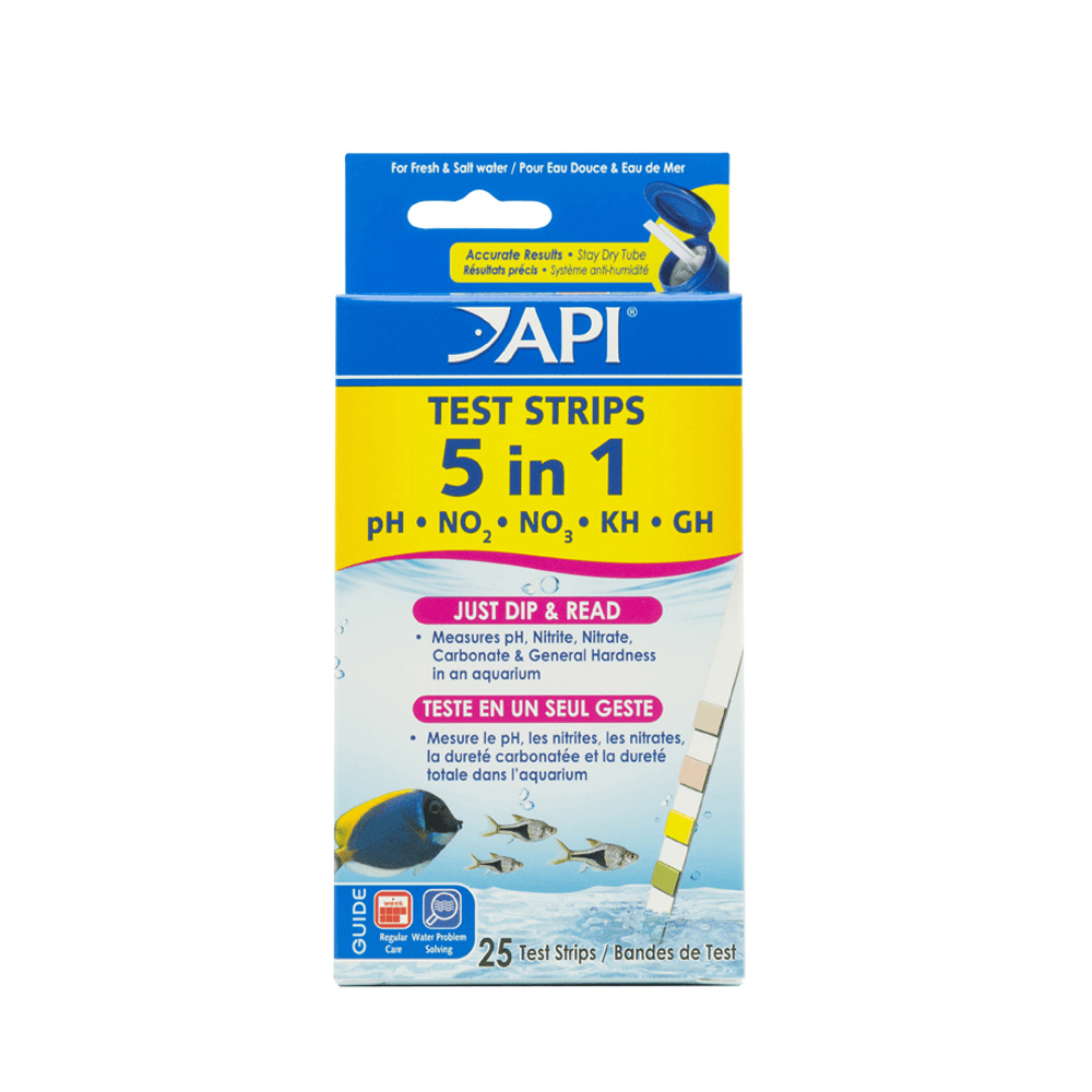 Tiras de test para acuario API 5-in-1, caja de 25 unidades, para pH, dureza, nitrito y nitrato
