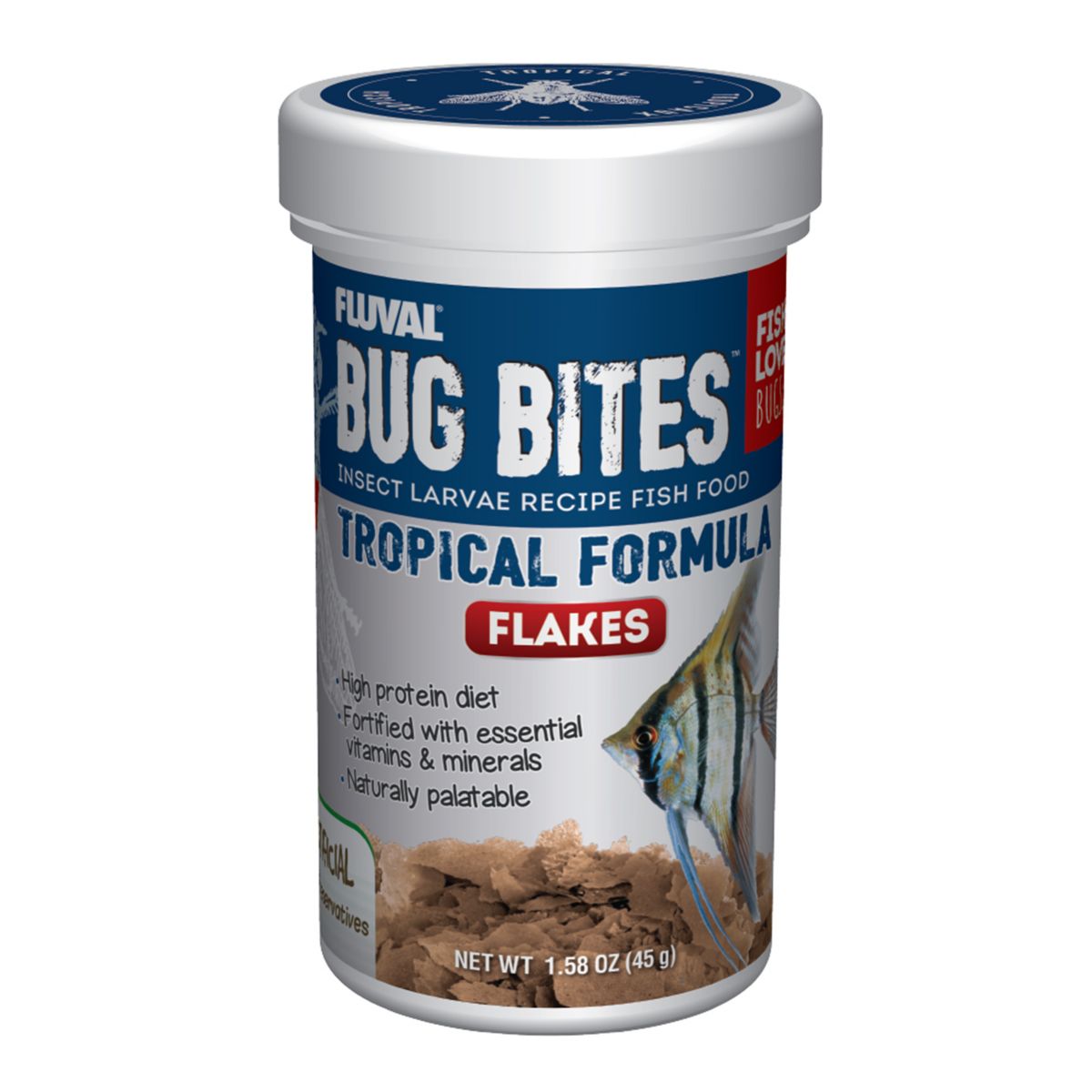Bote de comida para peces en escamas Fluval Bug Bites Tropical Formula